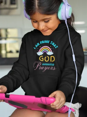 Kids’ Christian Hooded Sweatshirt: “I Am Proof That God Answers Prayers” – Inspirational Bible Verse Hoodie