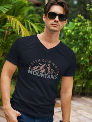 Men’s Christian V-Neck T-Shirt: “Faith Can Move Mountains” – Bible Verse T-Shirt