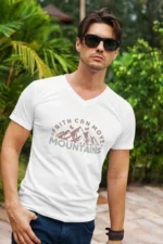 Men-V-Neck-Faith-Can-Move-White Men’s Christian V-Neck T-Shirt: “Faith Can Move Mountains” – Bible Verse T-Shirt