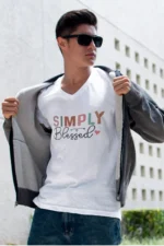 Men V Neck Simply Blessed White 2