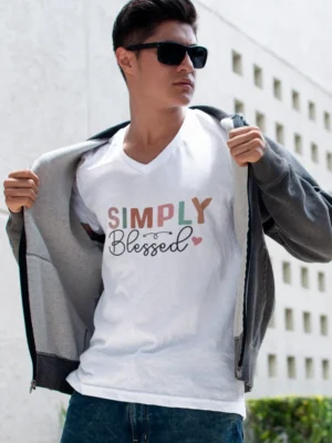 Men V Neck Simply Blessed White 2