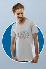 Men-V-Neck-Walk-by-Faith-Grey-Melange Men’s Christian V-Neck T-Shirt: “Walk by Faith Not by Sight” – Bible Verse T-Shirt