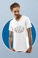 Men-V-Neck-Walk-by-Faith-White Men’s Christian V-Neck T-Shirt: “Walk by Faith Not by Sight” – Bible Verse T-Shirt