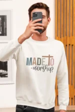 Men-Sweatshirt-Made-to-worship-Boho-White Made to Worship – Men’s Christian Sweatshirt, Bible Verse Apparel