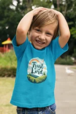 Kids-Sweatshirt-Trsut-in-the-Lord-Sky-Blue Trust in the Lord – Kids’ Christian Bible Verse Printed T-Shirt