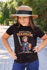Kids-tshirt-Gods-Little-warrior-2-Black God’s Little Warrior – Kids’ Christian Bible Verse Printed T-Shirt