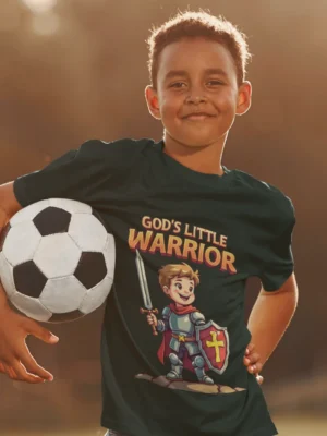 God’s Little Warrior – Kids’ Christian Bible Verse Printed T-Shirt