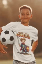 Kids-tshirt-Gods-Little-warrior-2-White God’s Little Warrior – Kids’ Christian Bible Verse Printed T-Shirt