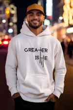 Greater Is He | Men’s Christian Bible Verse Hoodie