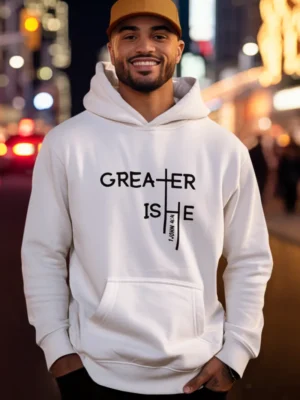 Greater Is He | Men’s Christian Bible Verse Hoodie
